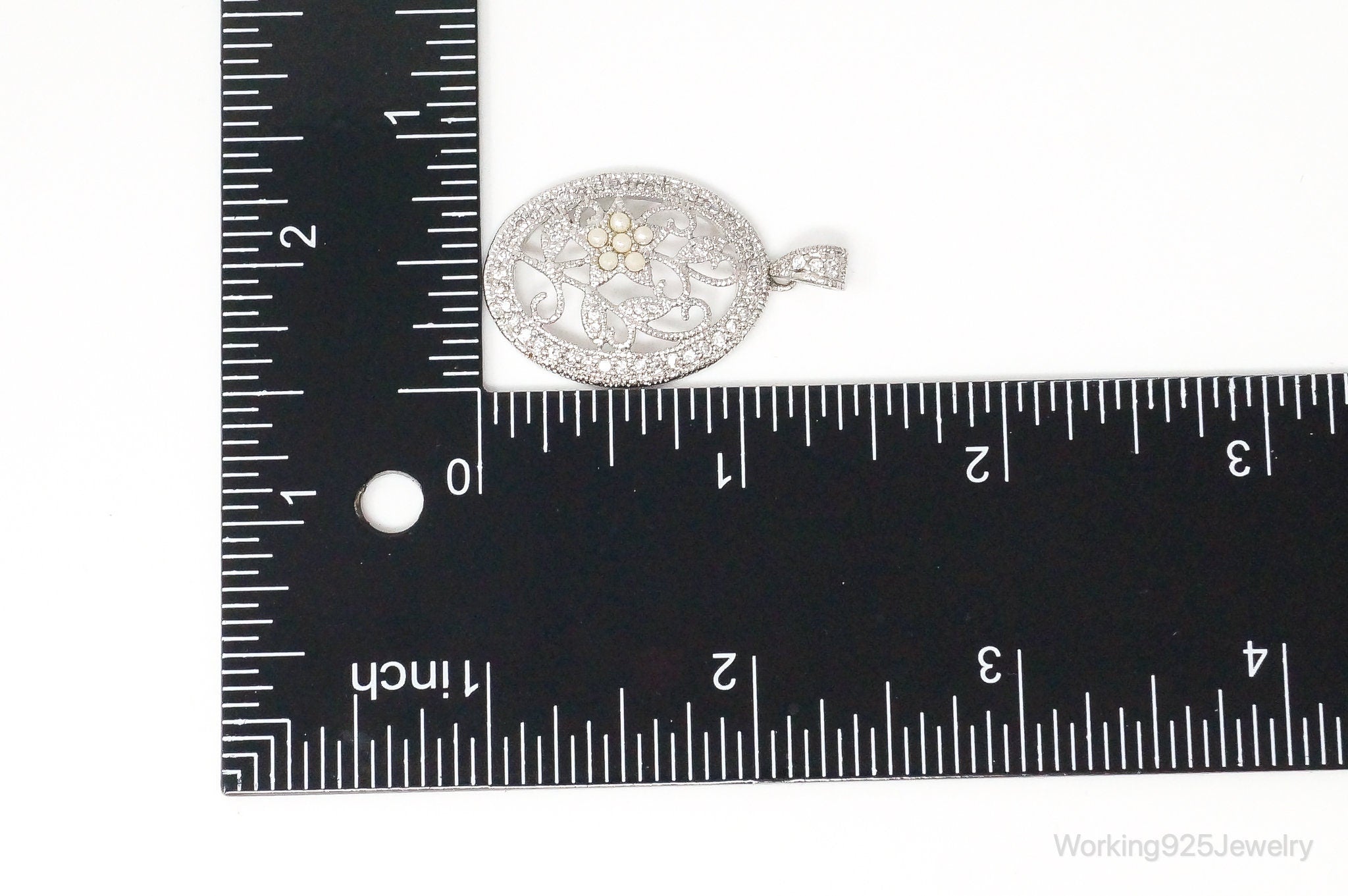 Large Vintage Faux Pearl Cubic Zirconia Sterling Silver Pendant | Jewelry > Necklaces > Pendants | Wiccan Center