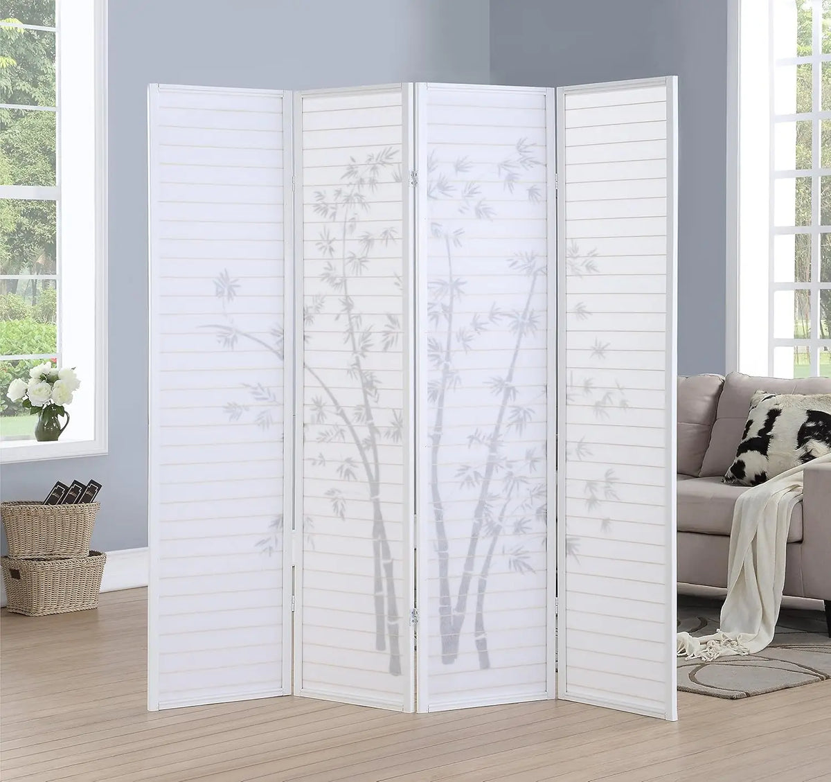 4-Panel Room Divider with Bamboo Print, 72W x 71H, Sturdy Mortise & Tenon, White | Accents > Room Divider Screens | Wiccan Center