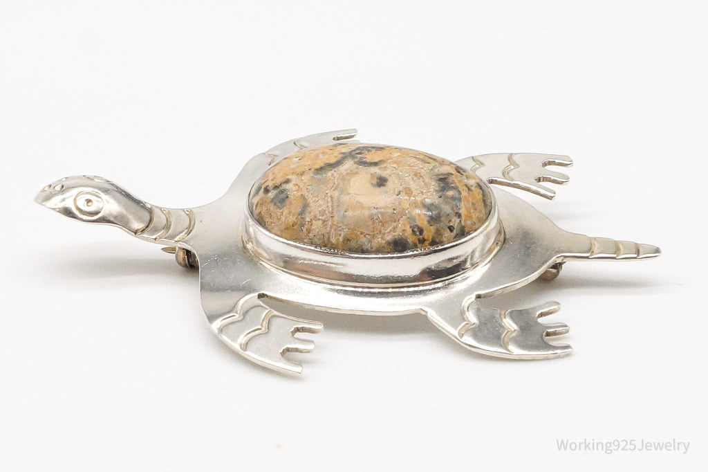 Large Vintage Mexico CII Jasper Sea Turtle Sterling Silver Brooch Pin | Jewelry > Brooches, Pins & Clips | Wiccan Center