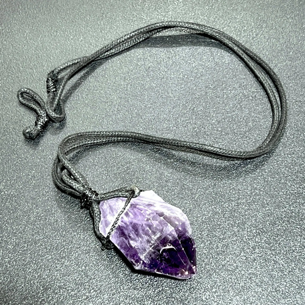 Large Dark Amethyst Crystal Raw Point Necklace (24 Inch Black Cord) Gemstone Jewelry Pendant | Jewelry > Necklaces > Crystal Necklaces | Wiccan Center