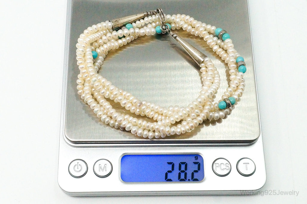Vintage Native American Turquoise & Pearl Sterling Silver Bead Necklace | Jewelry > Necklaces > Pendants | Wiccan Center