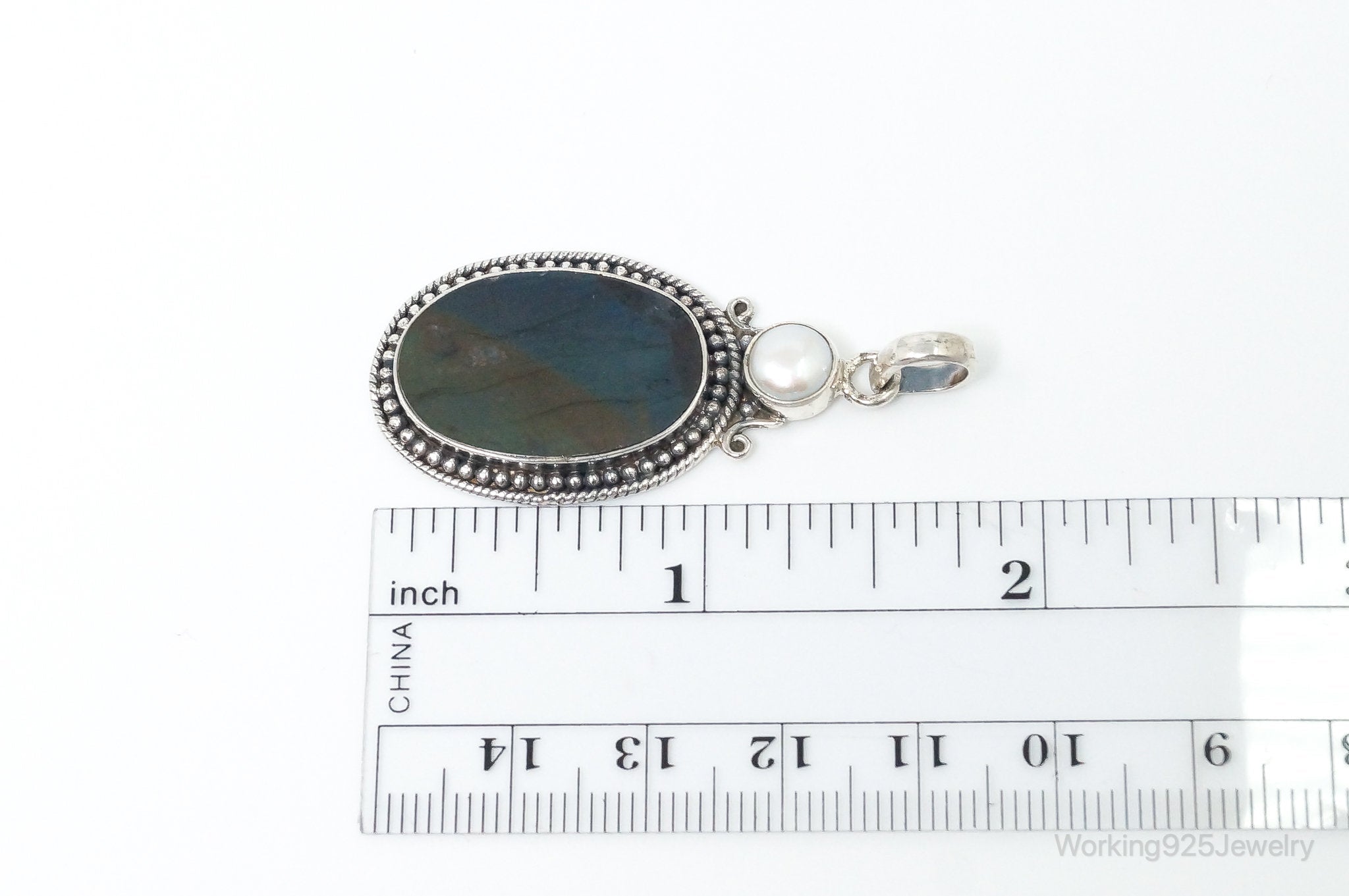 Vintage Large Labradorite Pearl Sterling Silver Necklace Pendant | Jewelry > Necklaces > Pendants | Wiccan Center