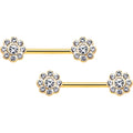 14G 9/16 Clear Gem Gold Tone Whimsy Flower Barbell Nipple Ring Set | NIPPLE Barbell | Wiccan Center