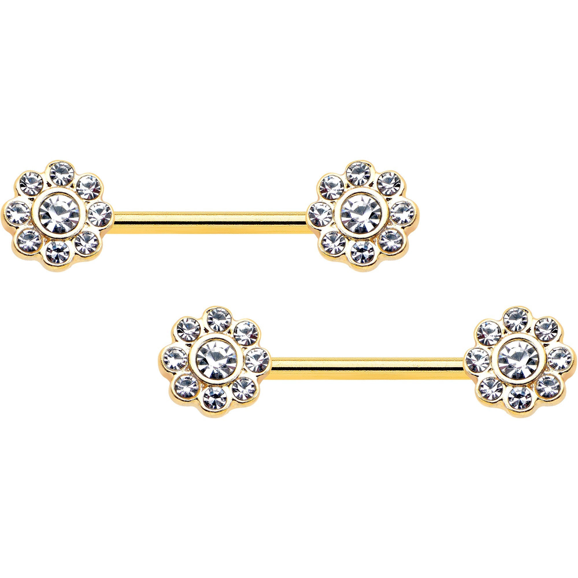 14G 9/16 Clear Gem Gold Tone Whimsy Flower Barbell Nipple Ring Set | NIPPLE Barbell | Wiccan Center