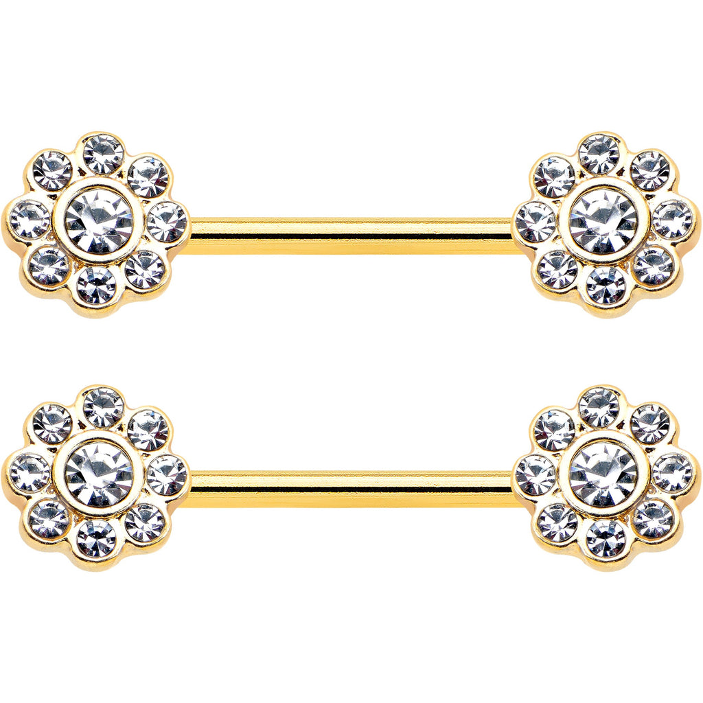 14G 9/16 Clear Gem Gold Tone Whimsy Flower Barbell Nipple Ring Set | NIPPLE Barbell | Wiccan Center