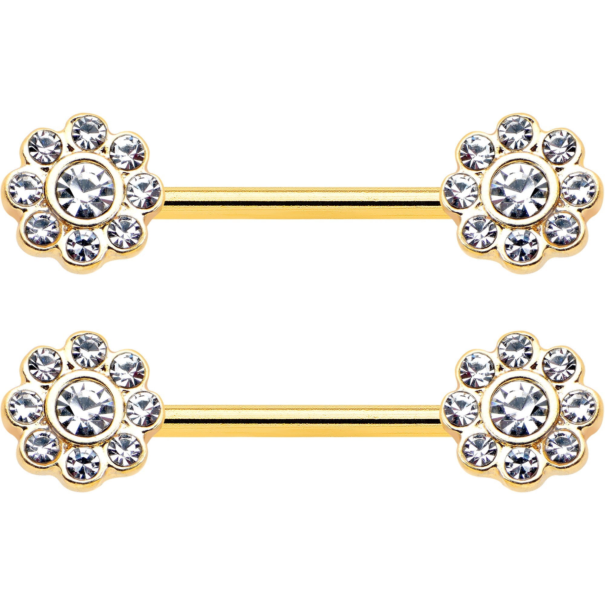 14G 9/16 Clear Gem Gold Tone Whimsy Flower Barbell Nipple Ring Set | NIPPLE Barbell | Wiccan Center