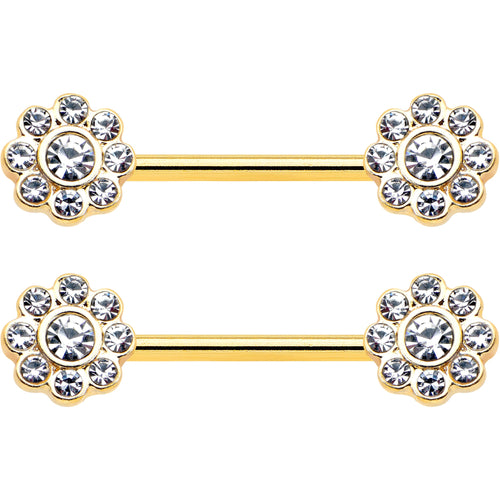 14G 9/16 Clear Gem Gold Tone Whimsy Flower Barbell Nipple Ring Set | NIPPLE Barbell | Wiccan Center