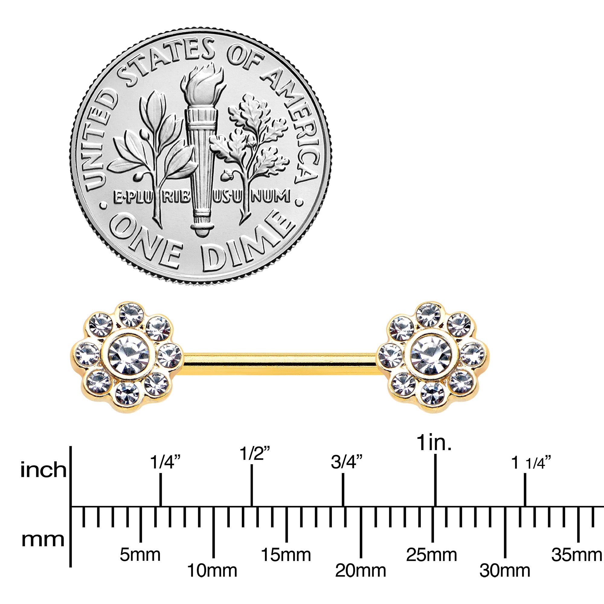 14G 9/16 Clear Gem Gold Tone Whimsy Flower Barbell Nipple Ring Set | NIPPLE Barbell | Wiccan Center