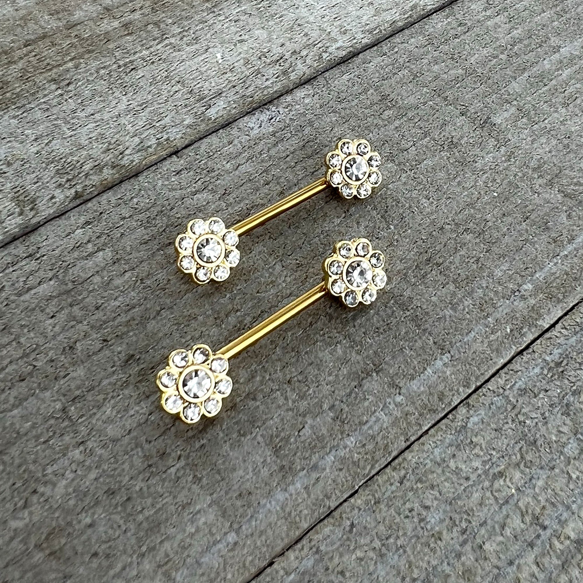 14G 9/16 Clear Gem Gold Tone Whimsy Flower Barbell Nipple Ring Set | NIPPLE Barbell | Wiccan Center