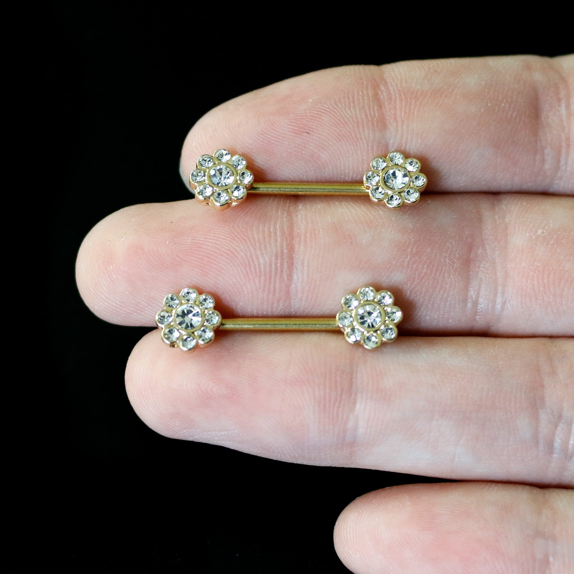 14G 9/16 Clear Gem Gold Tone Whimsy Flower Barbell Nipple Ring Set | NIPPLE Barbell | Wiccan Center
