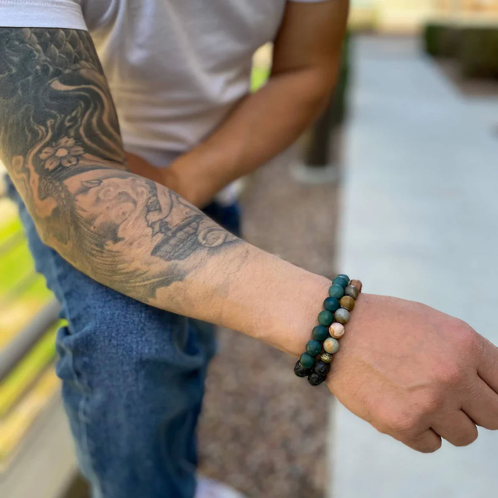 Polychrome Jasper & Lava Stone Essential Oil Diffuser Bracelet – 10mm Natural Stone | Aromatherapy Bracelet with Eucalyptus Oil | | Wiccan Center