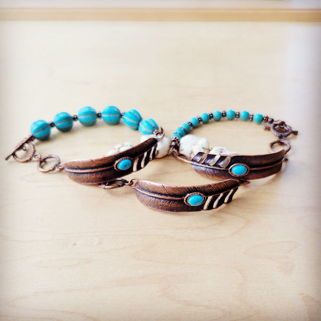 White Chunky Turquoise Beaded Bracelet on Copper Feather 810s | Bracelet | Wiccan Center