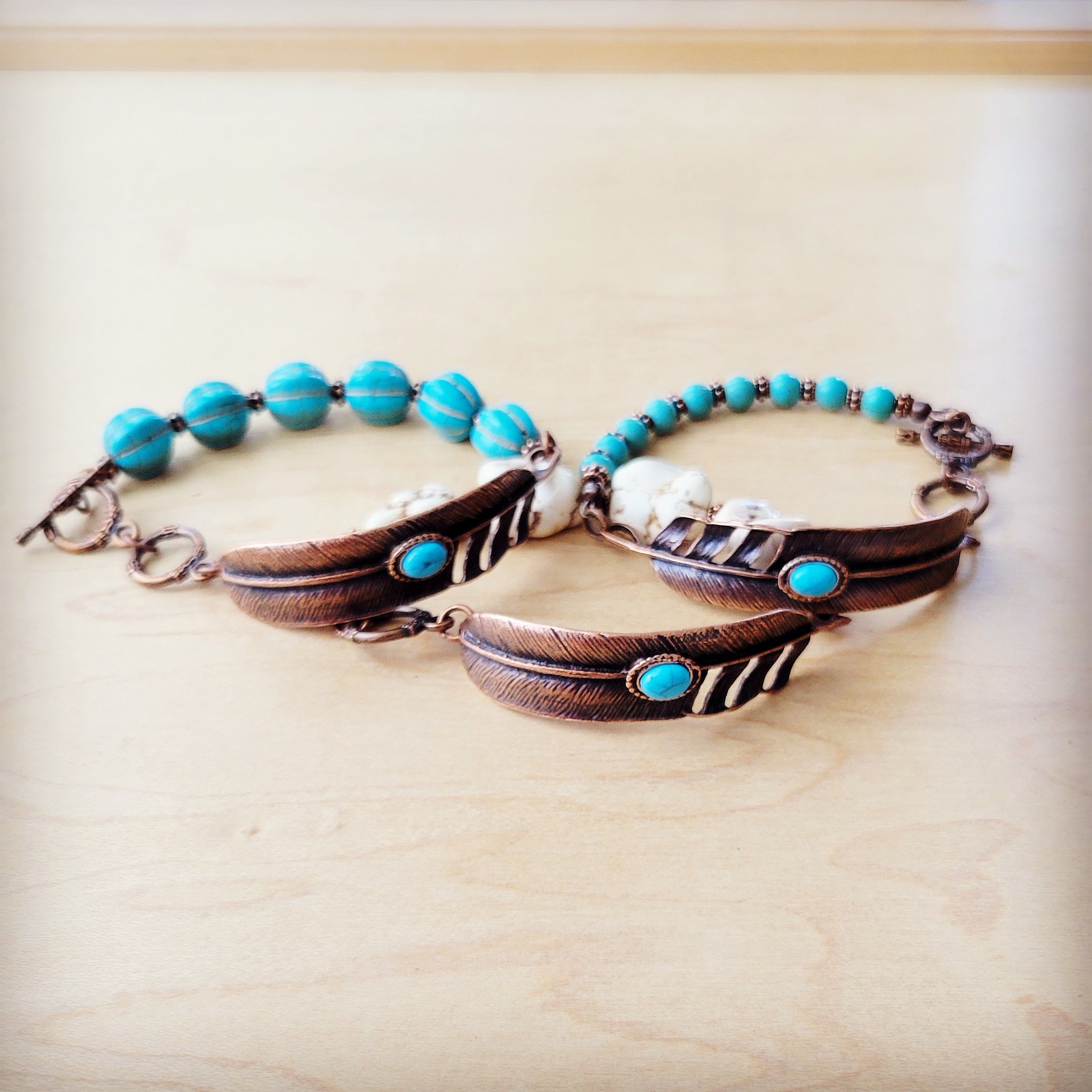 White Chunky Turquoise Beaded Bracelet on Copper Feather 810s | Bracelet | Wiccan Center
