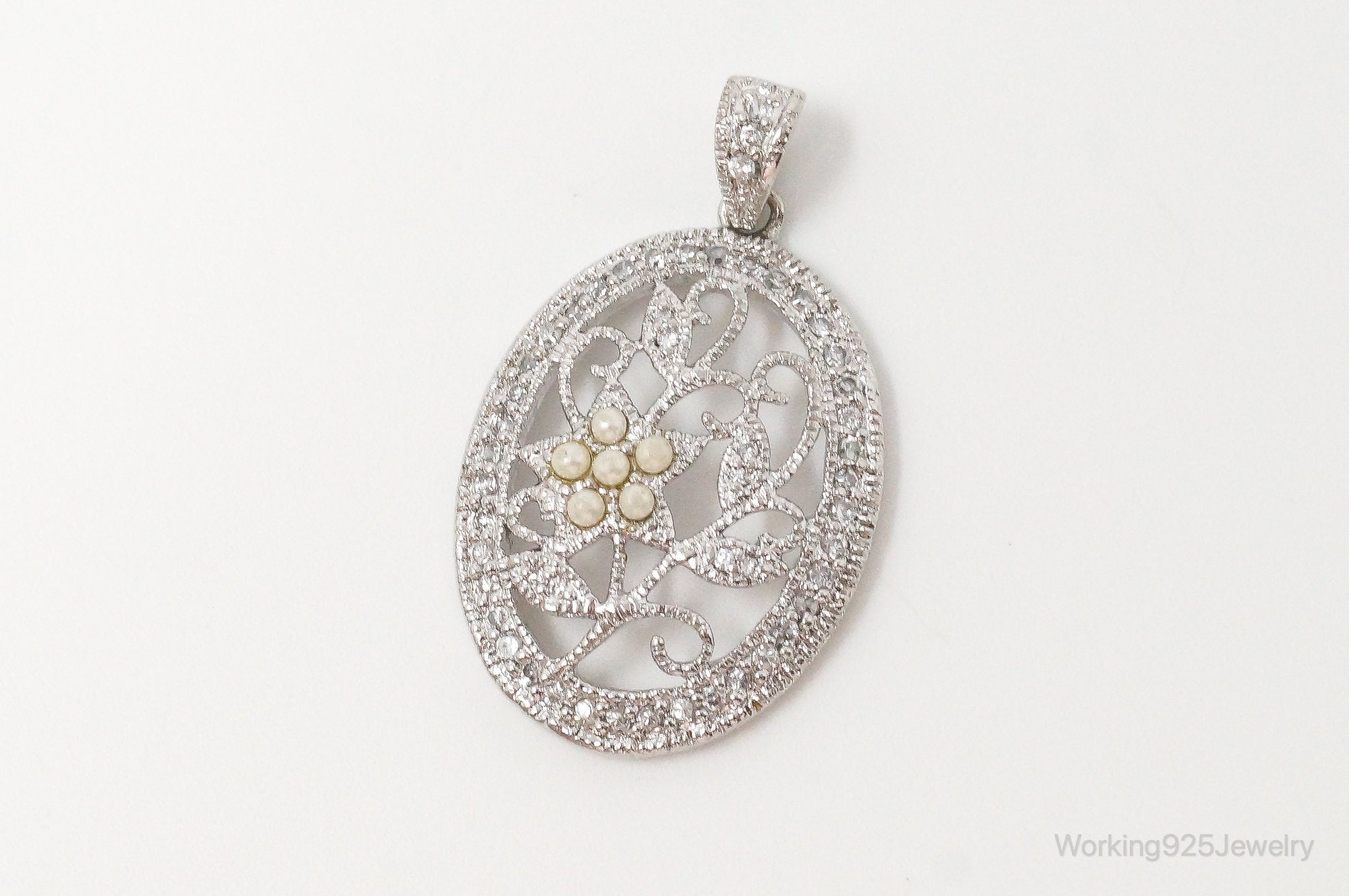 Large Vintage Faux Pearl Cubic Zirconia Sterling Silver Pendant | Jewelry > Necklaces > Pendants | Wiccan Center
