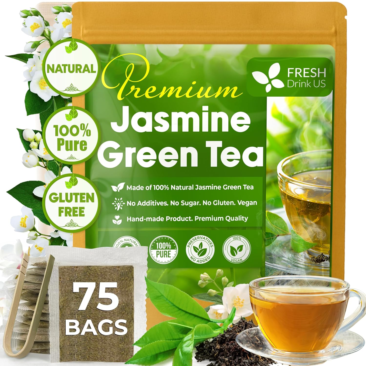 Premium Jasmine Green Tea Bags. Jasmine Green Herbal Tea. Made with Natural Material Tea Bags. No Sugar, No Gluten, Vegan. | Tea | Wiccan Center