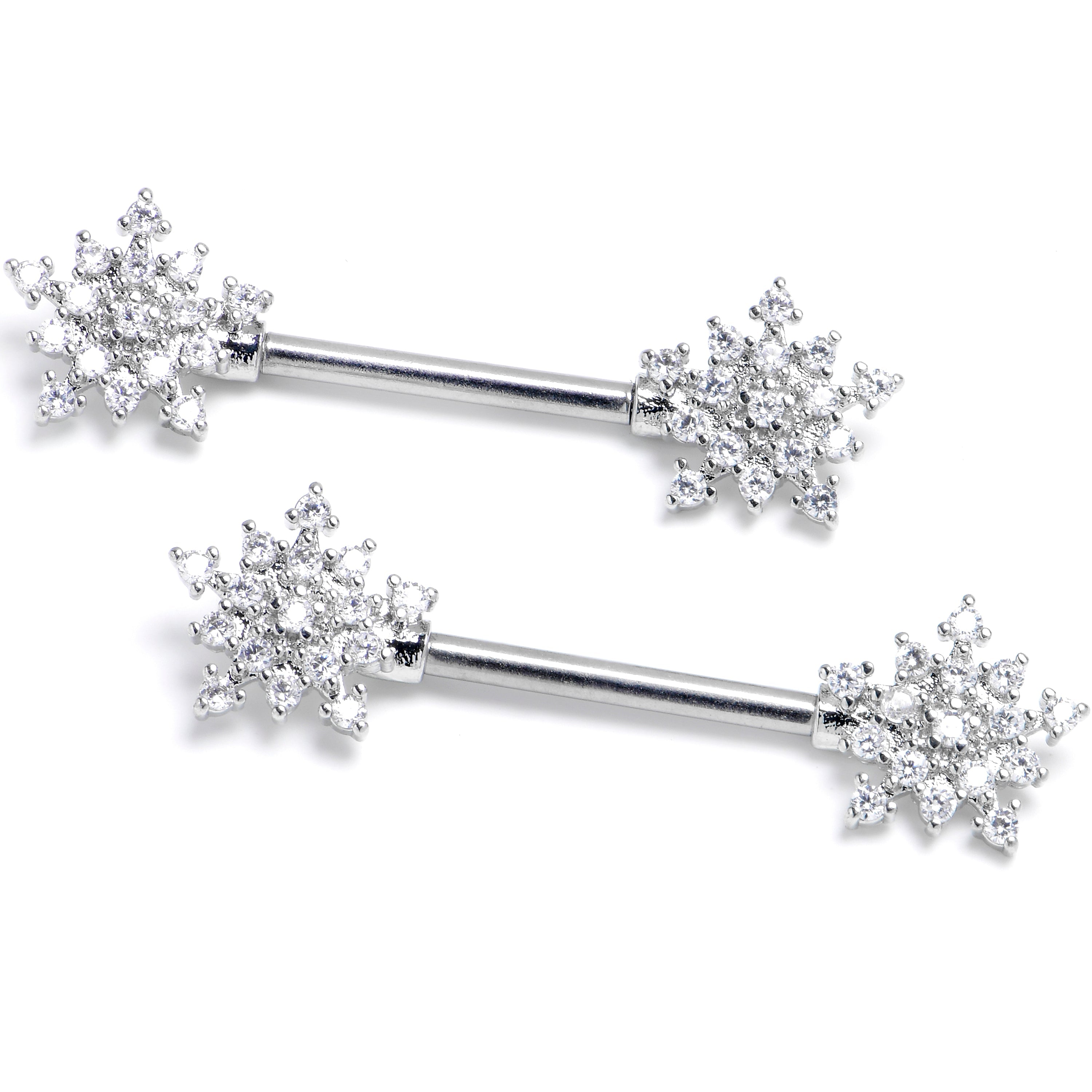 14G 9/16 Clear Gem Classic Snowflake Barbell Nipple Ring Set | NIPPLE Barbell | Wiccan Center