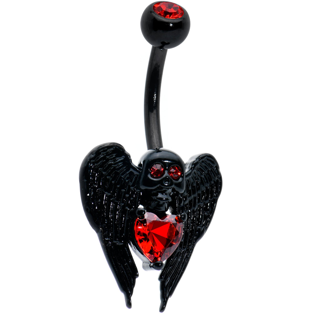 Red CZ Gem Black Heart Winged Skull Gothic Belly Ring | BELLY RING | Wiccan Center