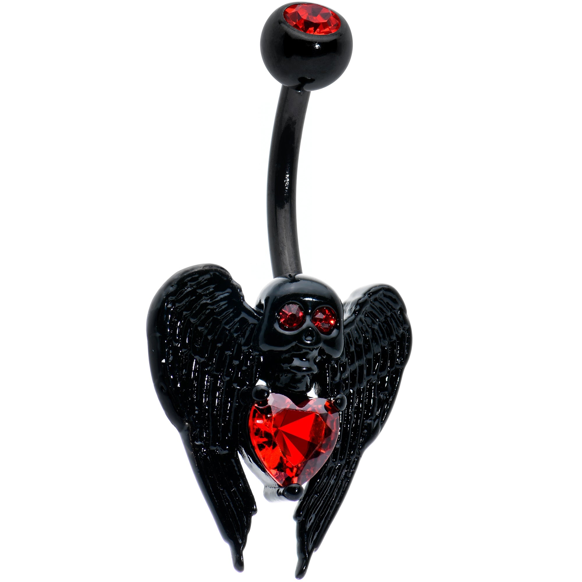 Red CZ Gem Black Heart Winged Skull Gothic Belly Ring | BELLY RING | Wiccan Center