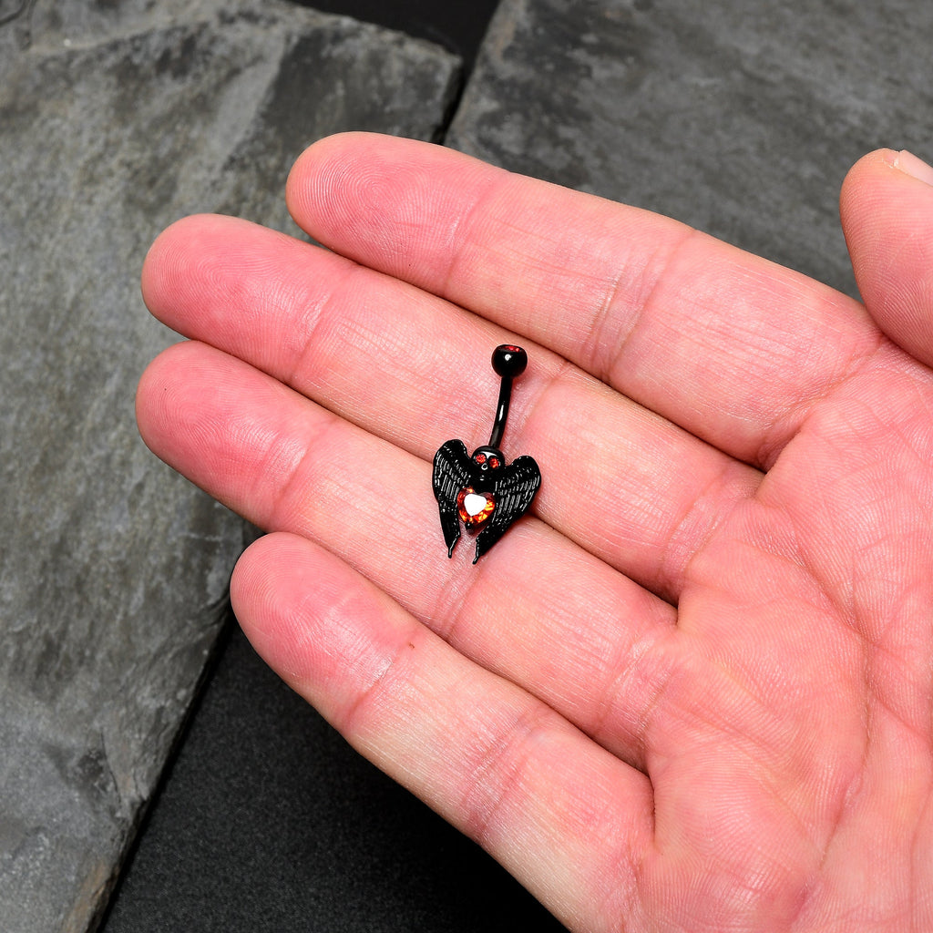 Red CZ Gem Black Heart Winged Skull Gothic Belly Ring | BELLY RING | Wiccan Center