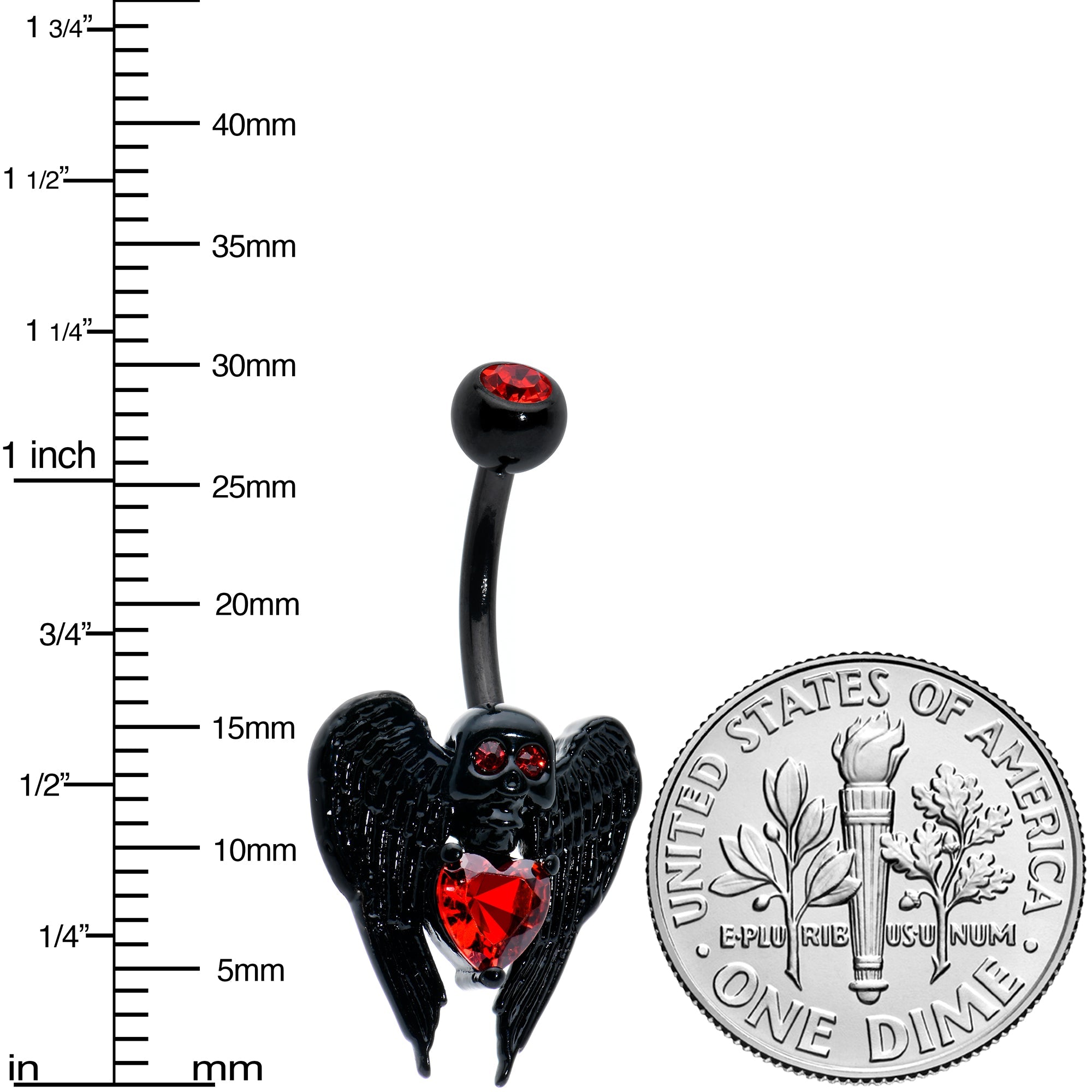 Red CZ Gem Black Heart Winged Skull Gothic Belly Ring | BELLY RING | Wiccan Center