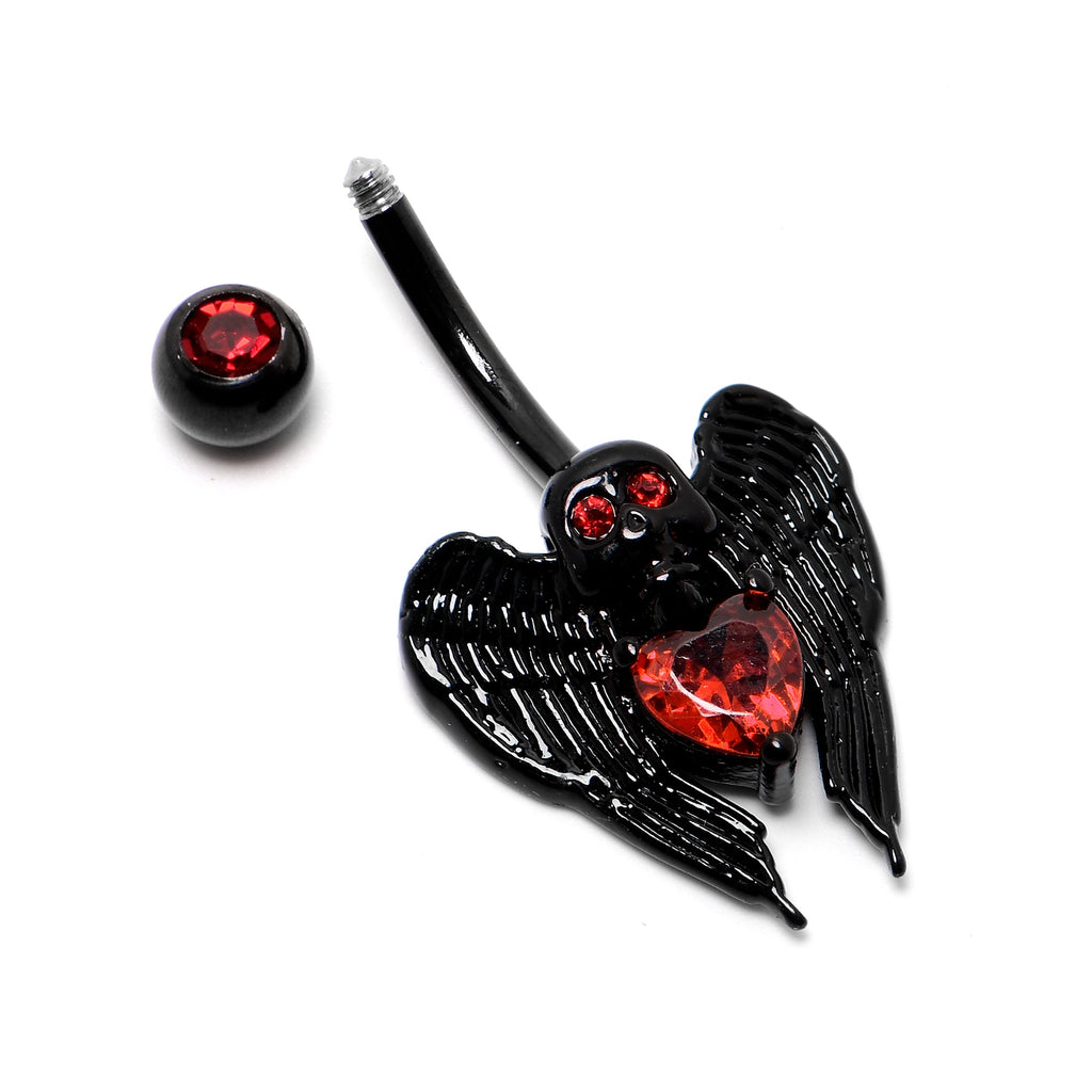 Red CZ Gem Black Heart Winged Skull Gothic Belly Ring | BELLY RING | Wiccan Center