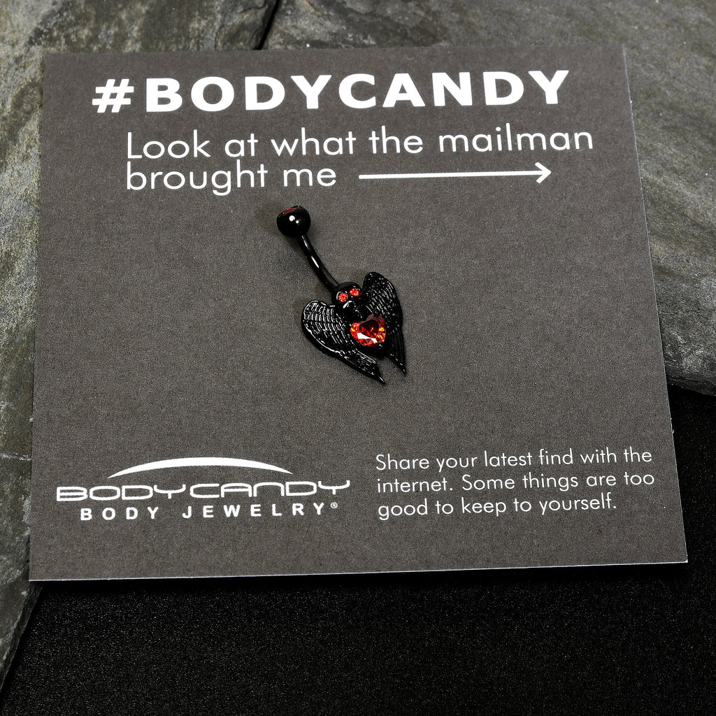Red CZ Gem Black Heart Winged Skull Gothic Belly Ring | BELLY RING | Wiccan Center