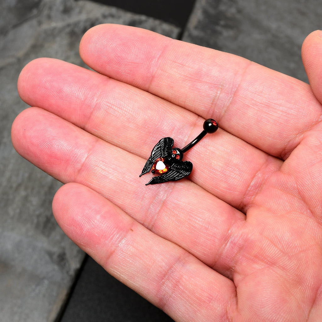 Red CZ Gem Black Heart Winged Skull Gothic Belly Ring | BELLY RING | Wiccan Center