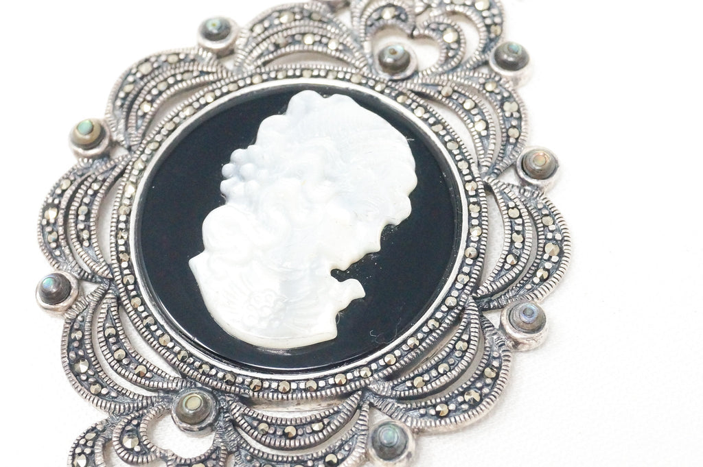 Vtg Carved Cameo Mother Of Pearl Marcasite Sterling Silver Necklace Pendant | Jewelry > Necklaces > Pendants | Wiccan Center