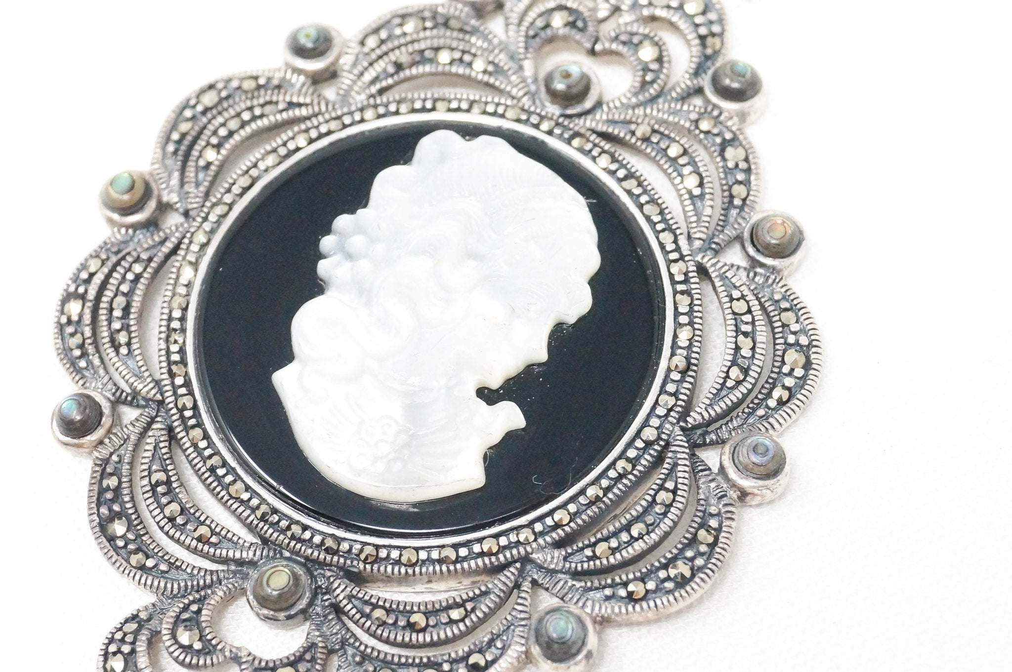 Vtg Carved Cameo Mother Of Pearl Marcasite Sterling Silver Necklace Pendant | Jewelry > Necklaces > Pendants | Wiccan Center