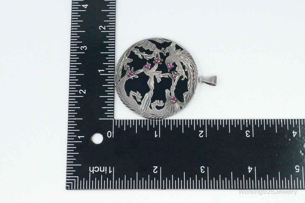 Vintage Large Ruby Black Onyx Etched Birds In Nature Sterling Silver Pendant | Jewelry > Necklaces > Pendants | Wiccan Center