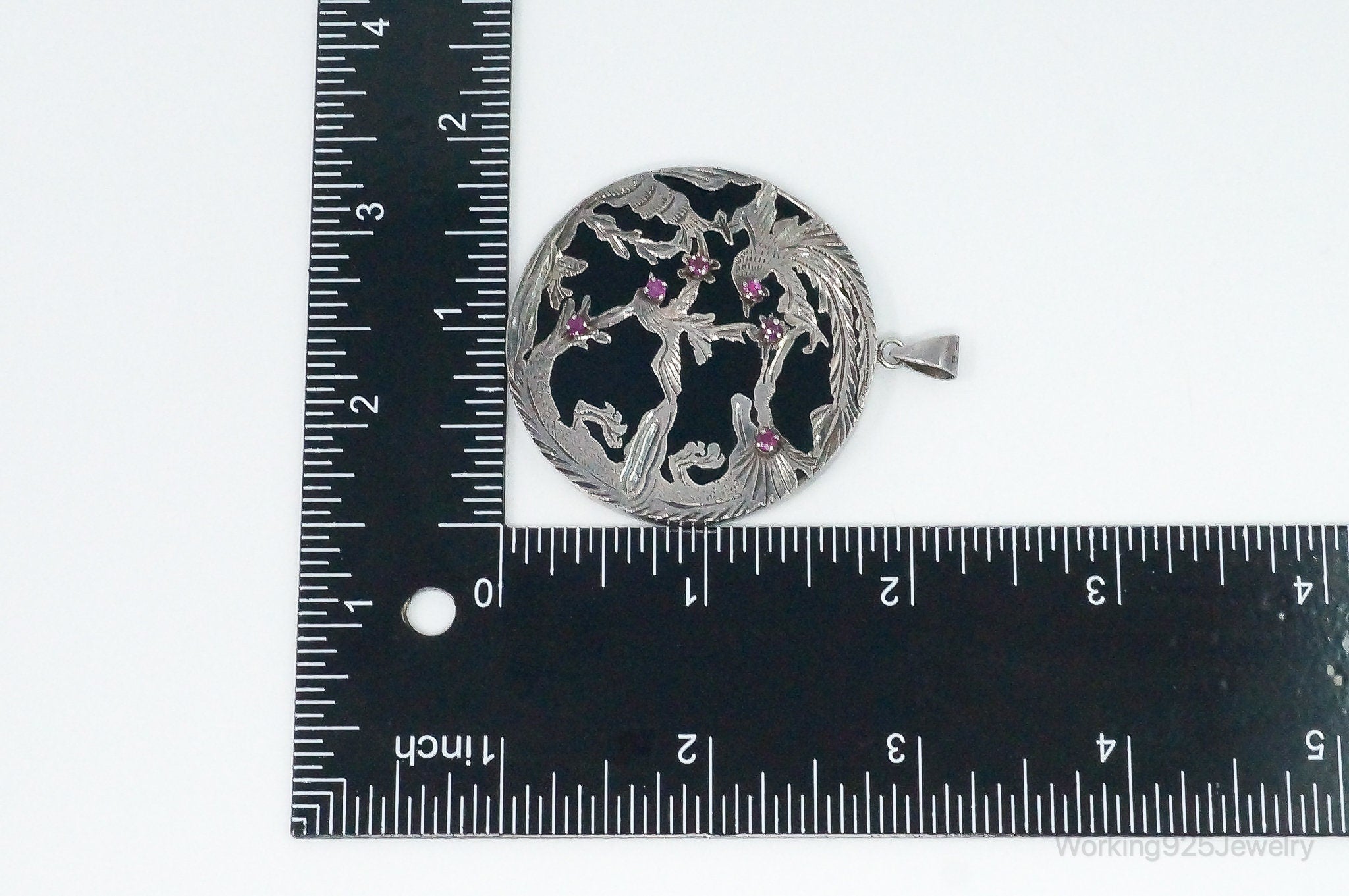 Vintage Large Ruby Black Onyx Etched Birds In Nature Sterling Silver Pendant | Jewelry > Necklaces > Pendants | Wiccan Center