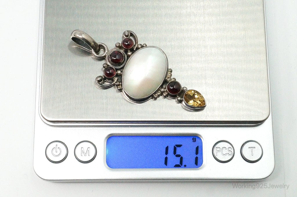 Large Vintage Mothe Of Pearl Citrine Garnet Sterling Silver Pendant | Jewelry > Necklaces > Pendants | Wiccan Center