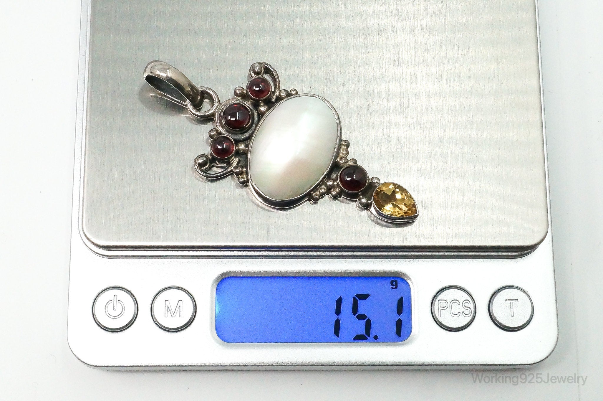 Large Vintage Mothe Of Pearl Citrine Garnet Sterling Silver Pendant | Jewelry > Necklaces > Pendants | Wiccan Center