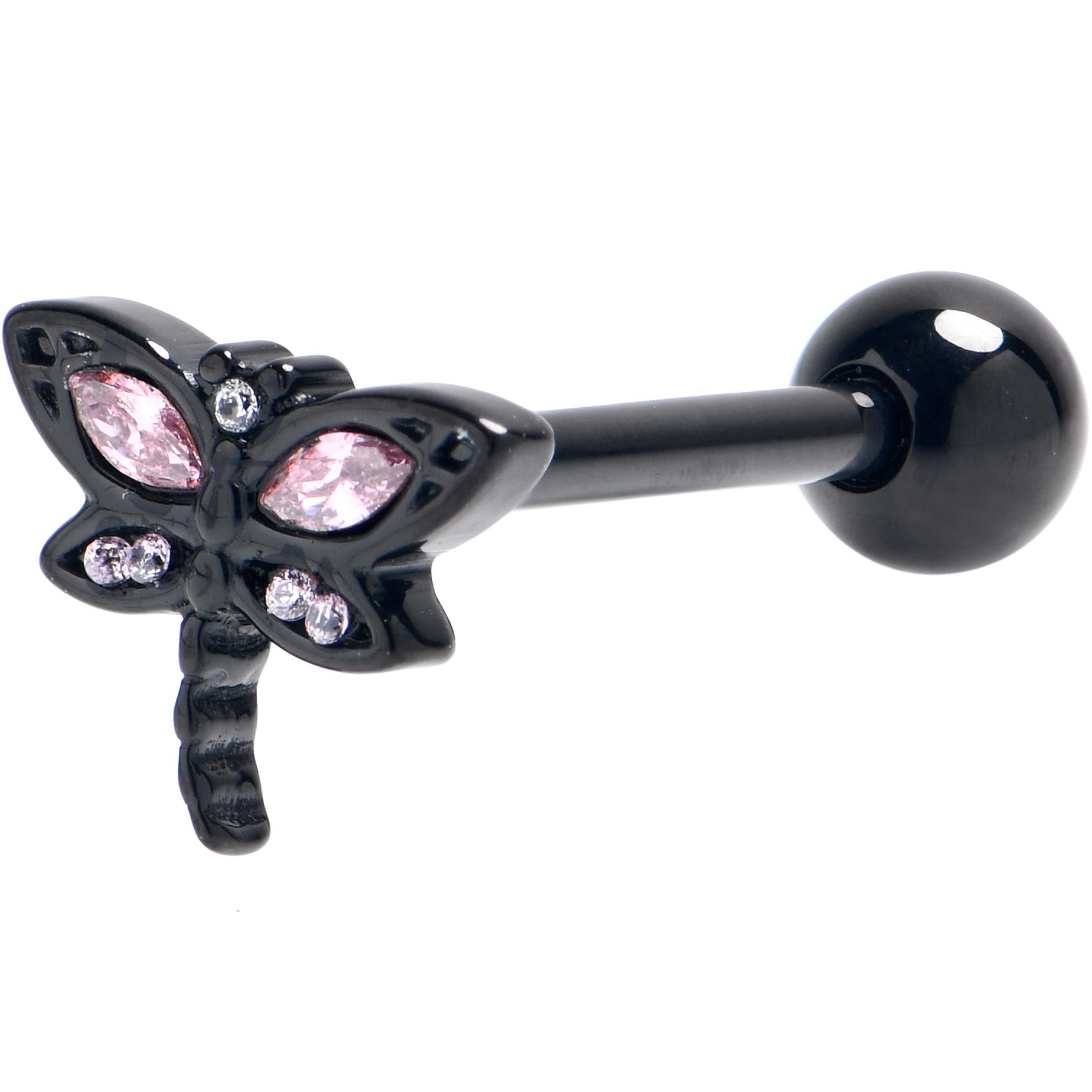 Clear Pink CZ Gem Black Gothic Dragonfly Barbell Tongue Ring | BARBELL Tongue | Wiccan Center