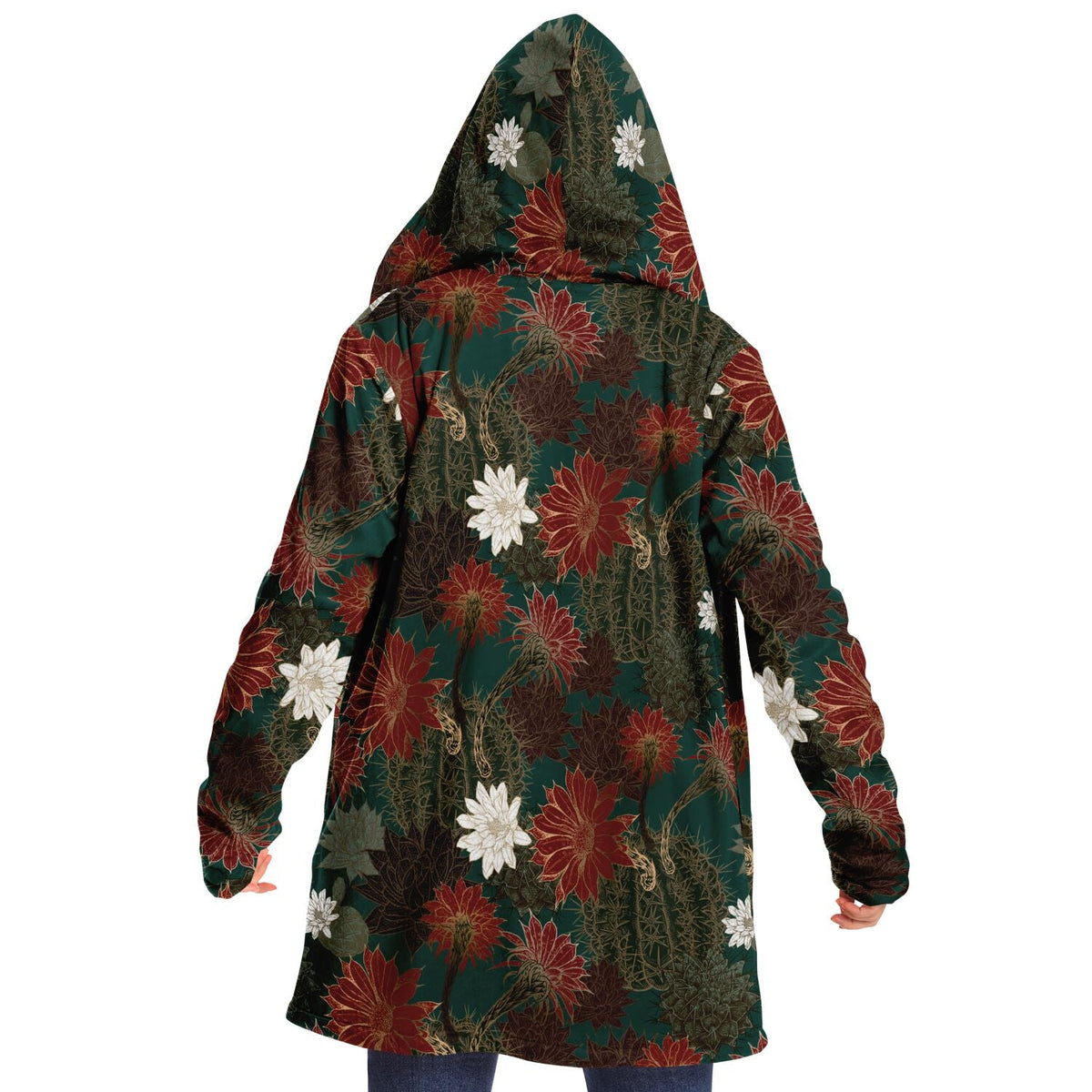 Desert Flowers Cuddle Cloak | Green Red | Unisex Minky Sherpa Lined Hooded Coat | Women and Mens Festival Coat | Mountain Fashion | Microfleece Cloak - AOP | Wiccan Center