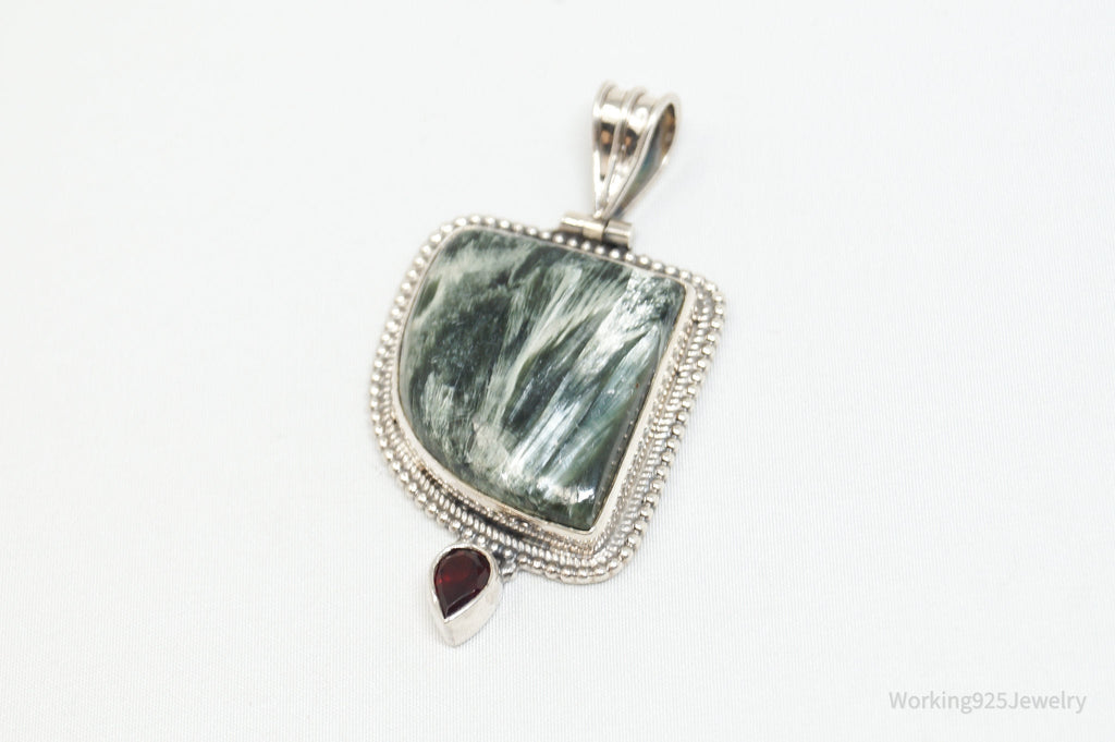 Vintage Large Green Seraphinite Garnet Sterling Silver Necklace Pendant | Jewelry > Necklaces > Pendants | Wiccan Center
