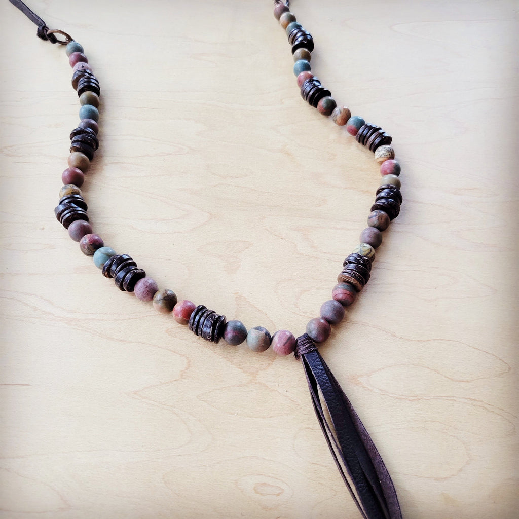 **Picasso Jasper Necklace with Wood Beads and Leather Tassel 261i