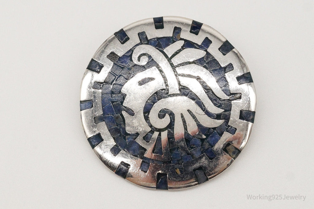 Vintage Mexico Handmade Sodalite Inlay Aztec Sterling Silver Pendant Pin | Jewelry > Necklaces > Pendants | Wiccan Center