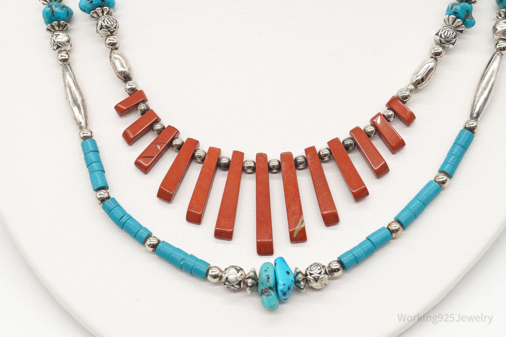 Vintage Native American Red Jasper Blue Turquoise Silver Bead Necklace 24" | Jewelry > Necklaces | Wiccan Center