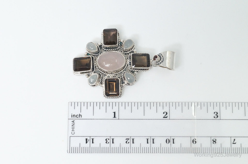 Vintage Smoky Topaz Rose Quartz Southwestern Cross Sterling Silver Pendant | Jewelry > Necklaces > Pendants | Wiccan Center