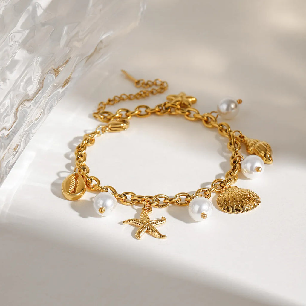 Ocean Theme Stainless Steel Chain Bracelet with Seashell and Starfish Pendants | | Wiccan Center