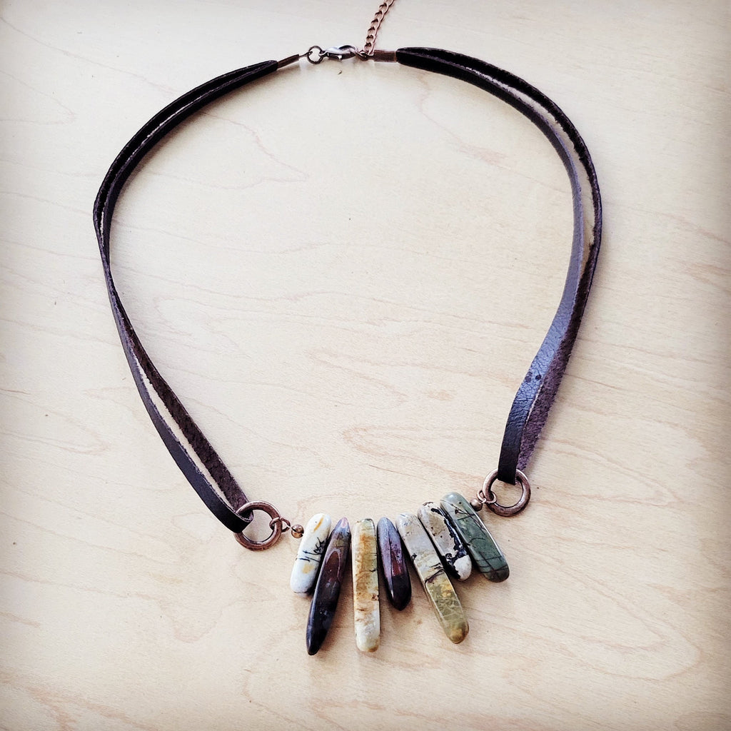 Picasso Jasper Stone Collar Necklace w/ Genuine Leather Cord 261f | Necklace | Wiccan Center