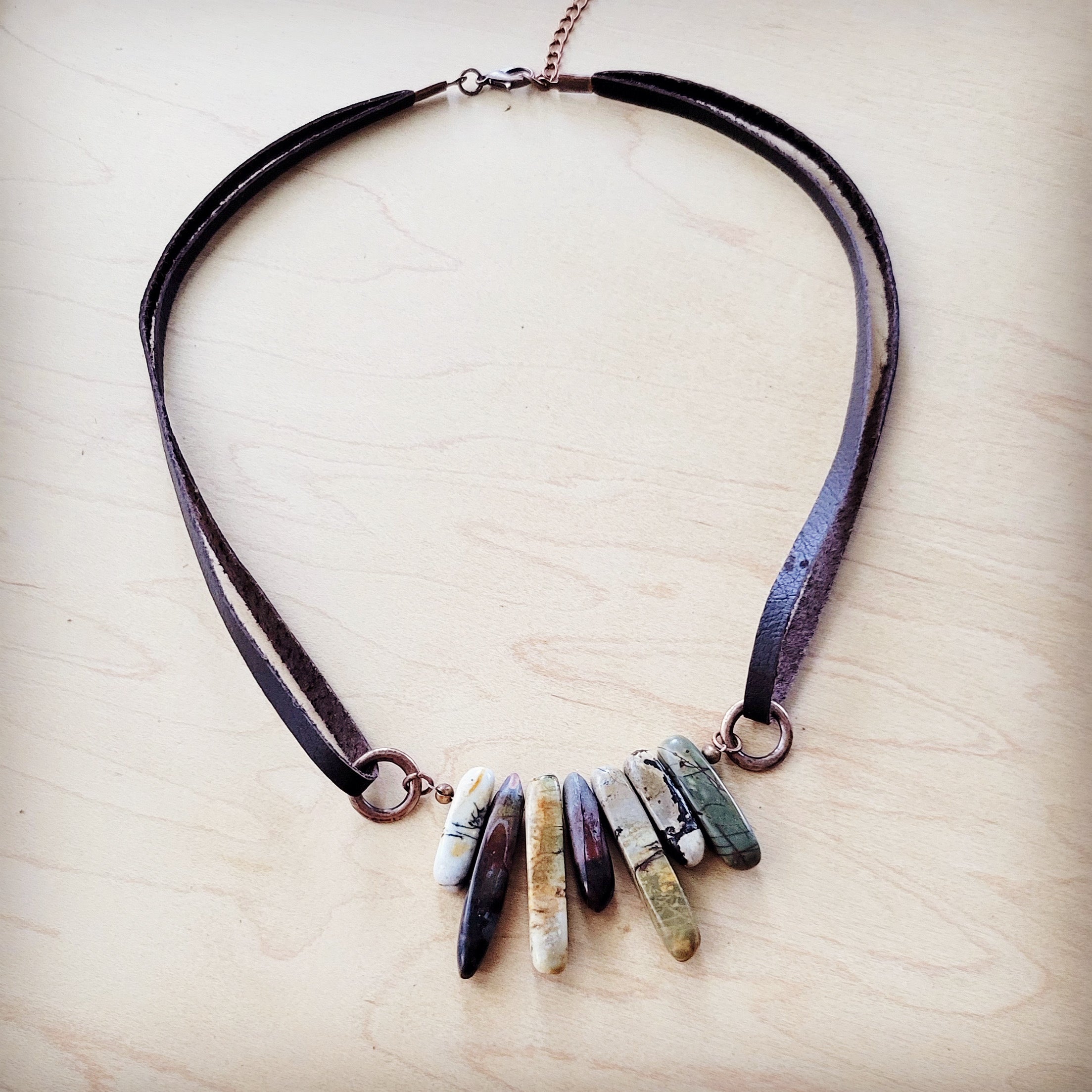 Picasso Jasper Stone Collar Necklace w/ Genuine Leather Cord 261f | Necklace | Wiccan Center