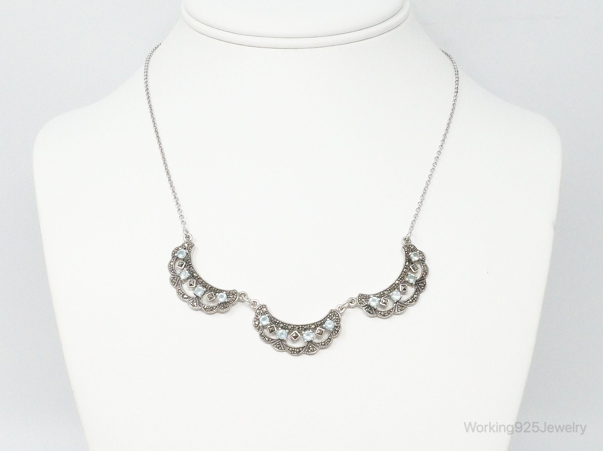 Vintage Art Deco Blue Topaz Marcasite Sterling Silver Necklace | Jewelry > Necklaces > Pendants | Wiccan Center