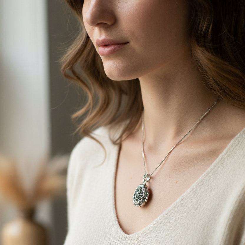 Florent Classic Oval Marcasite Locket Necklace | Locket | Wiccan Center
