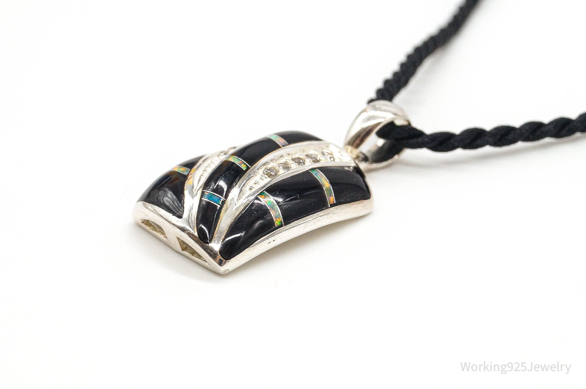 Vintage ROX Opal Cubic Zirconia Black Onyx Sterling Silver Necklace | Jewelry > Necklaces > Pendants | Wiccan Center
