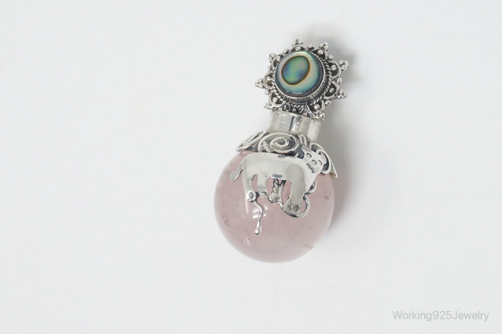 Vintage Rose Quartz Abalone Shell Bali Cat Sterling Silver Necklace Pendant | Jewelry > Necklaces > Pendants | Wiccan Center