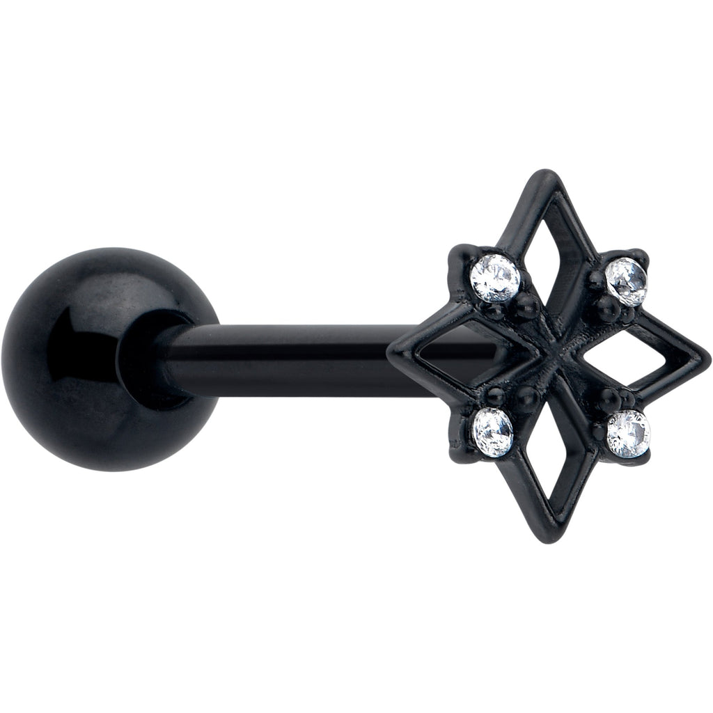 Clear CZ Gem Black Gothic Star Barbell Tongue Ring | BARBELL Tongue | Wiccan Center