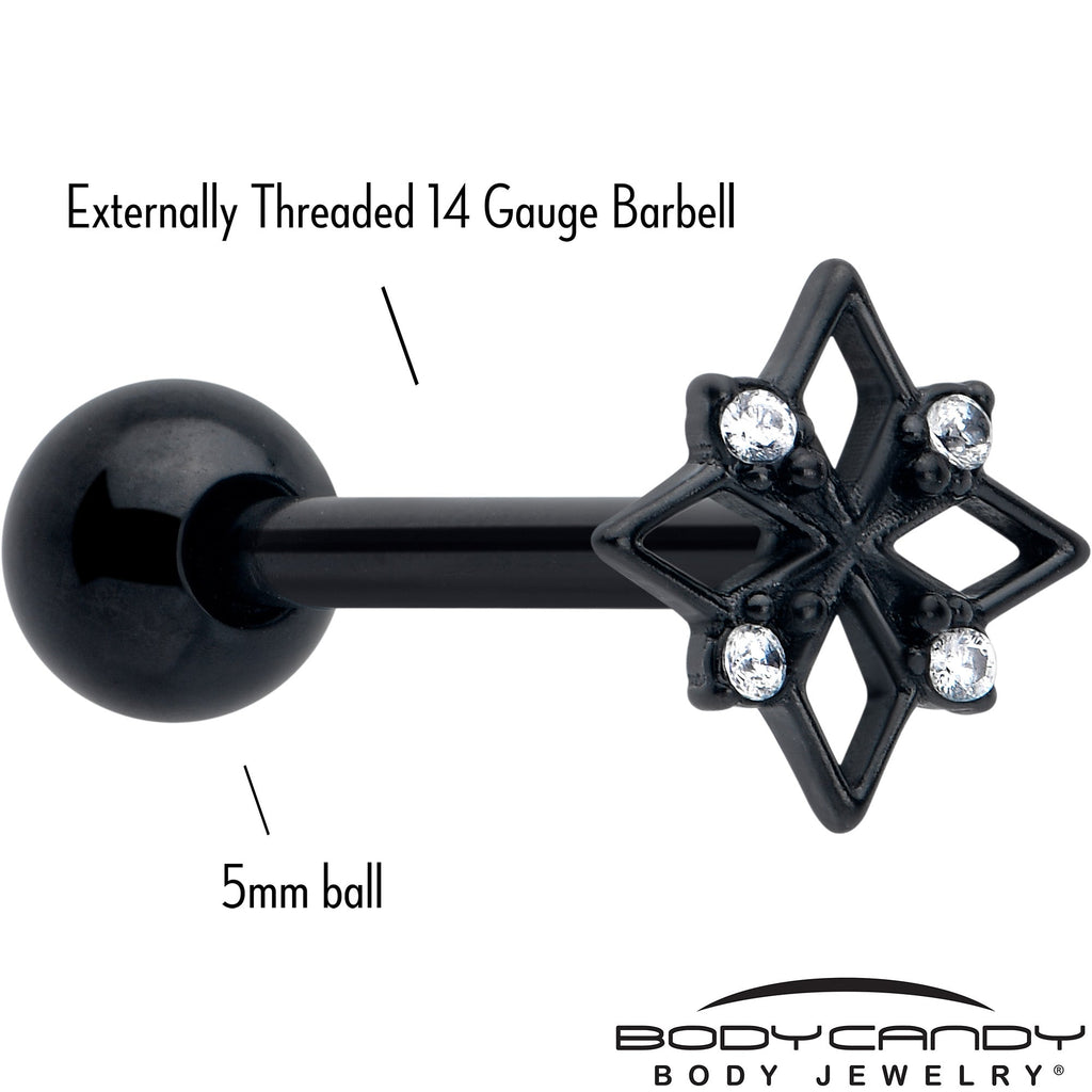 Clear CZ Gem Black Gothic Star Barbell Tongue Ring | BARBELL Tongue | Wiccan Center