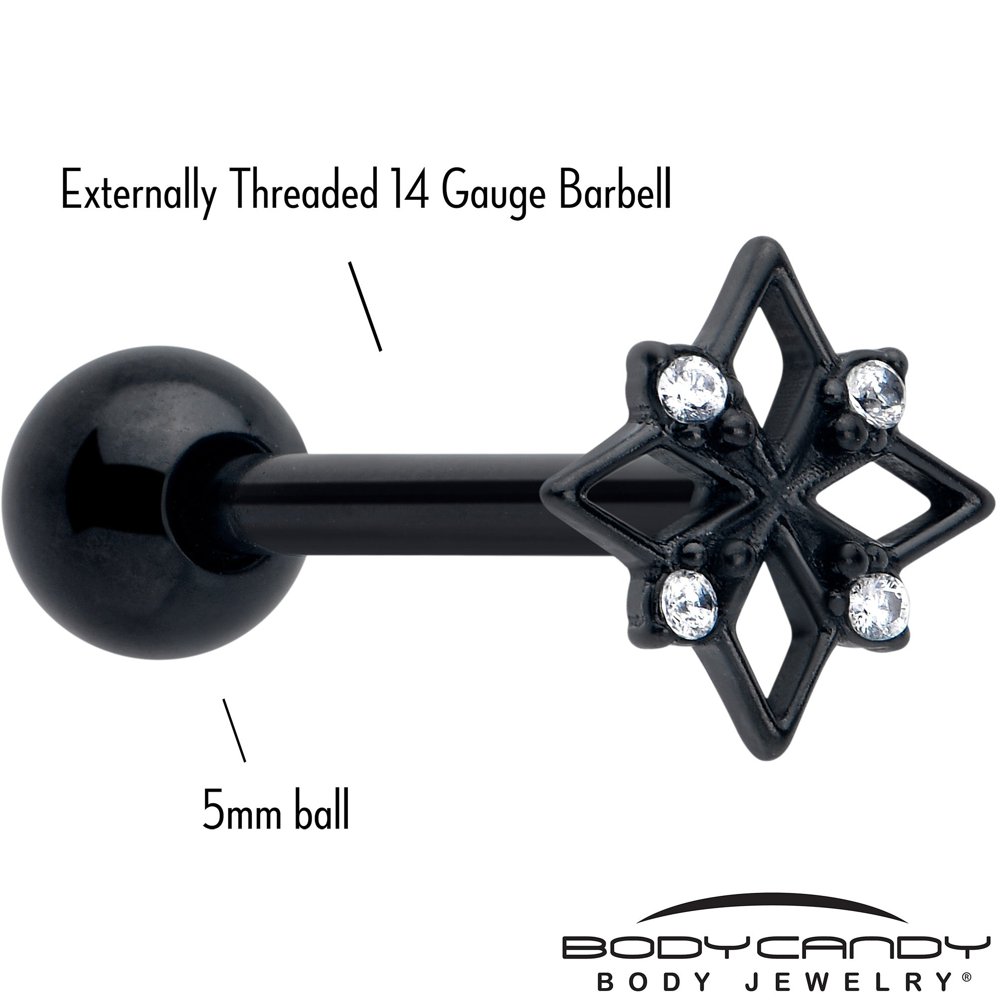 Clear CZ Gem Black Gothic Star Barbell Tongue Ring | BARBELL Tongue | Wiccan Center